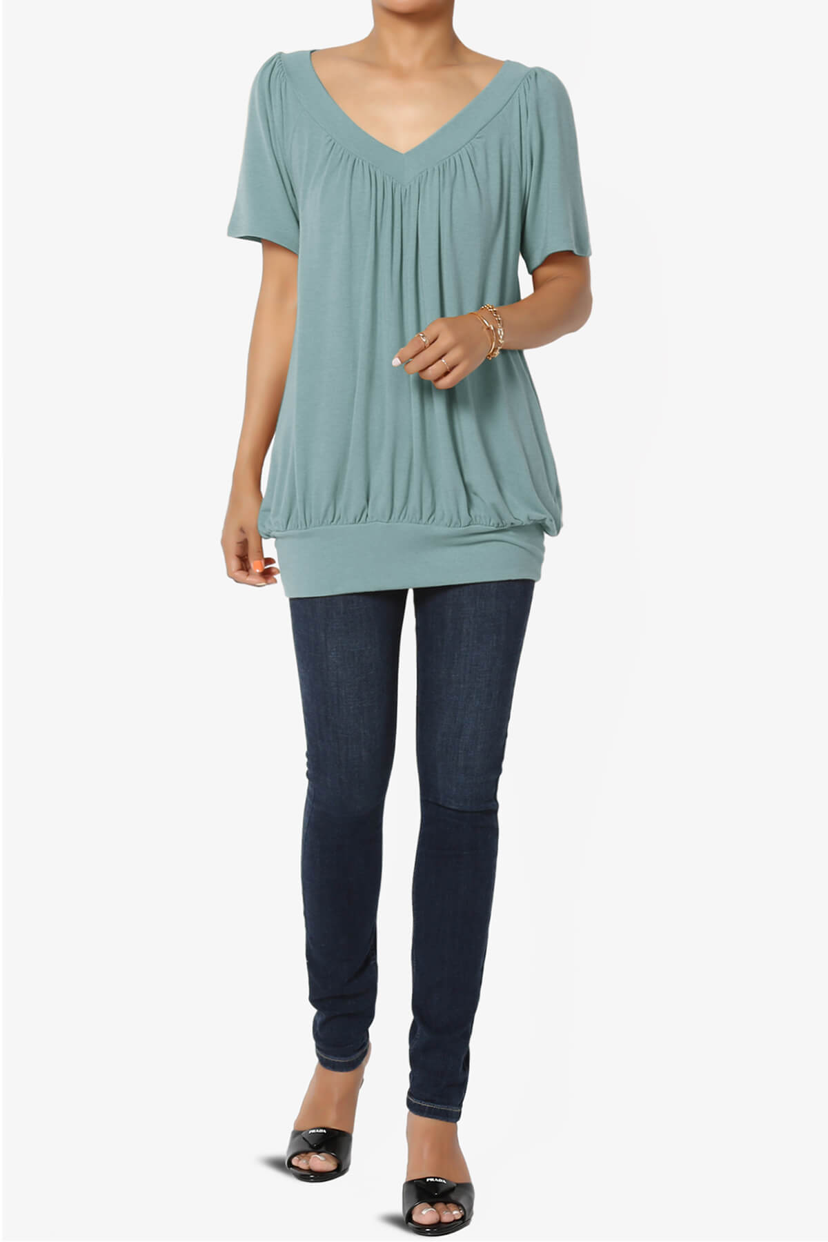 Rezume Shirred V-Neck Blouson Top DUSTY BLUE_6