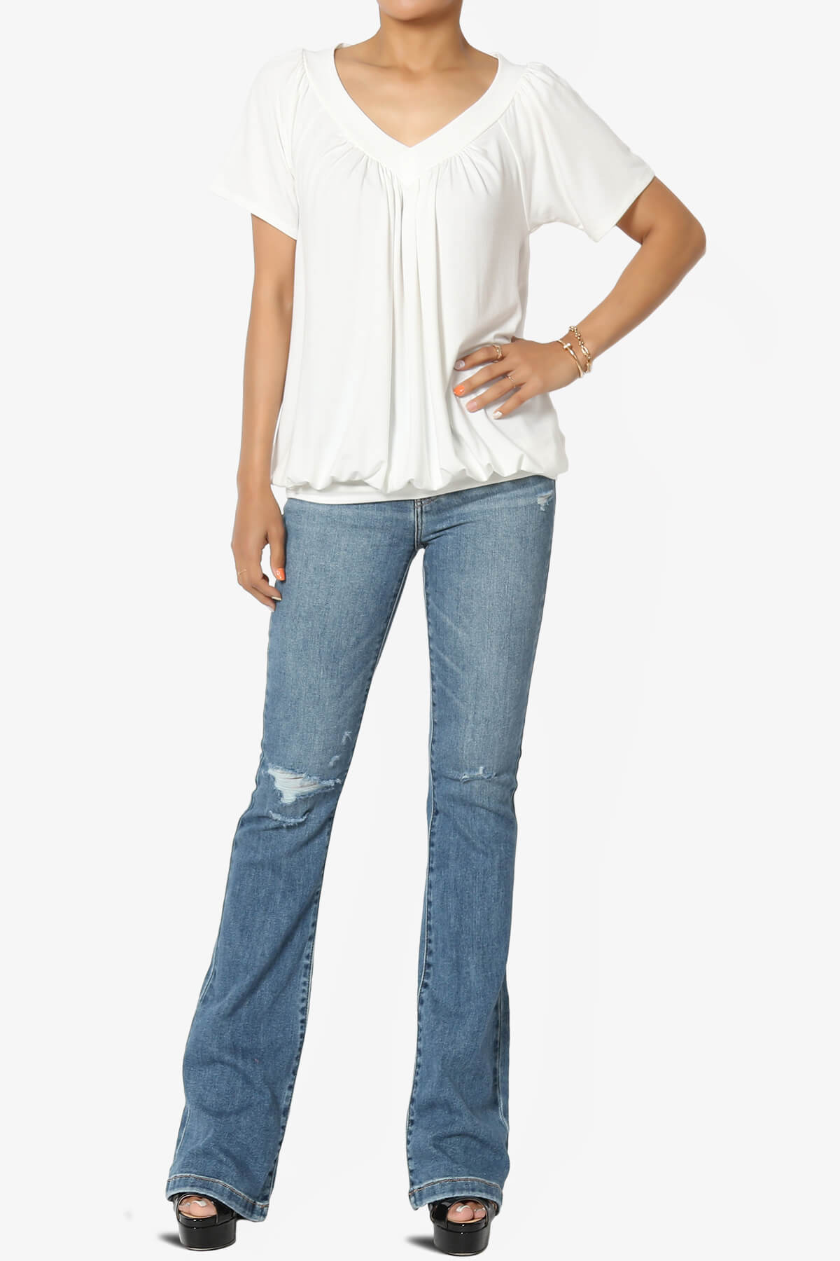 Rezume Shirred V-Neck Blouson Top IVORY_6