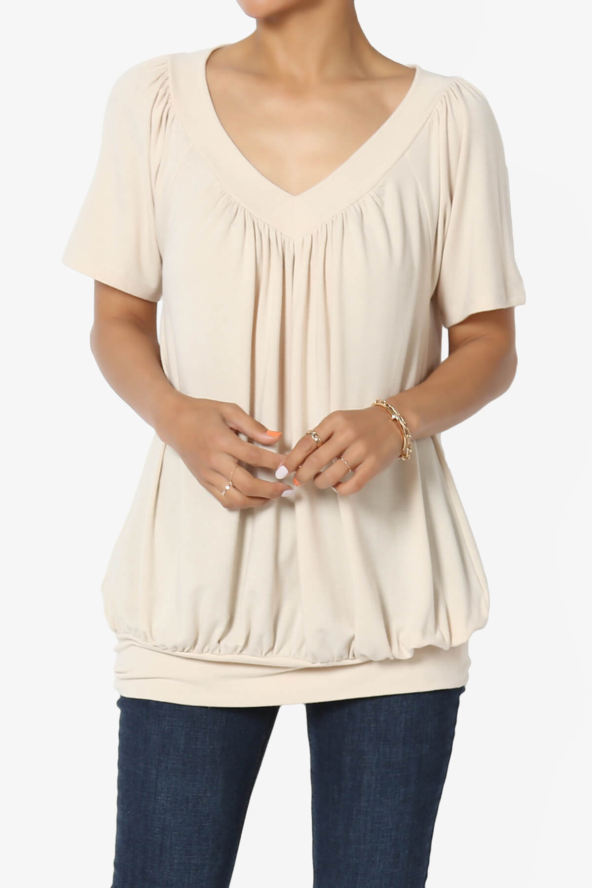 Rezume Shirred V-Neck Blouson Top TAUPE_1