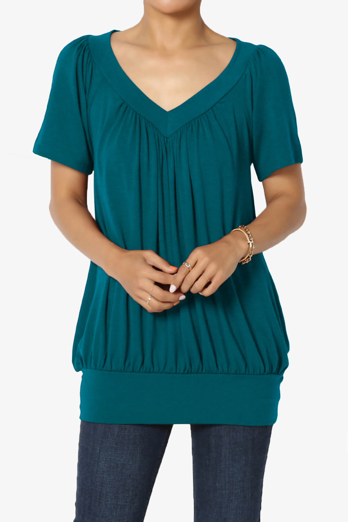 Rezume Shirred V-Neck Blouson Top TEAL_1