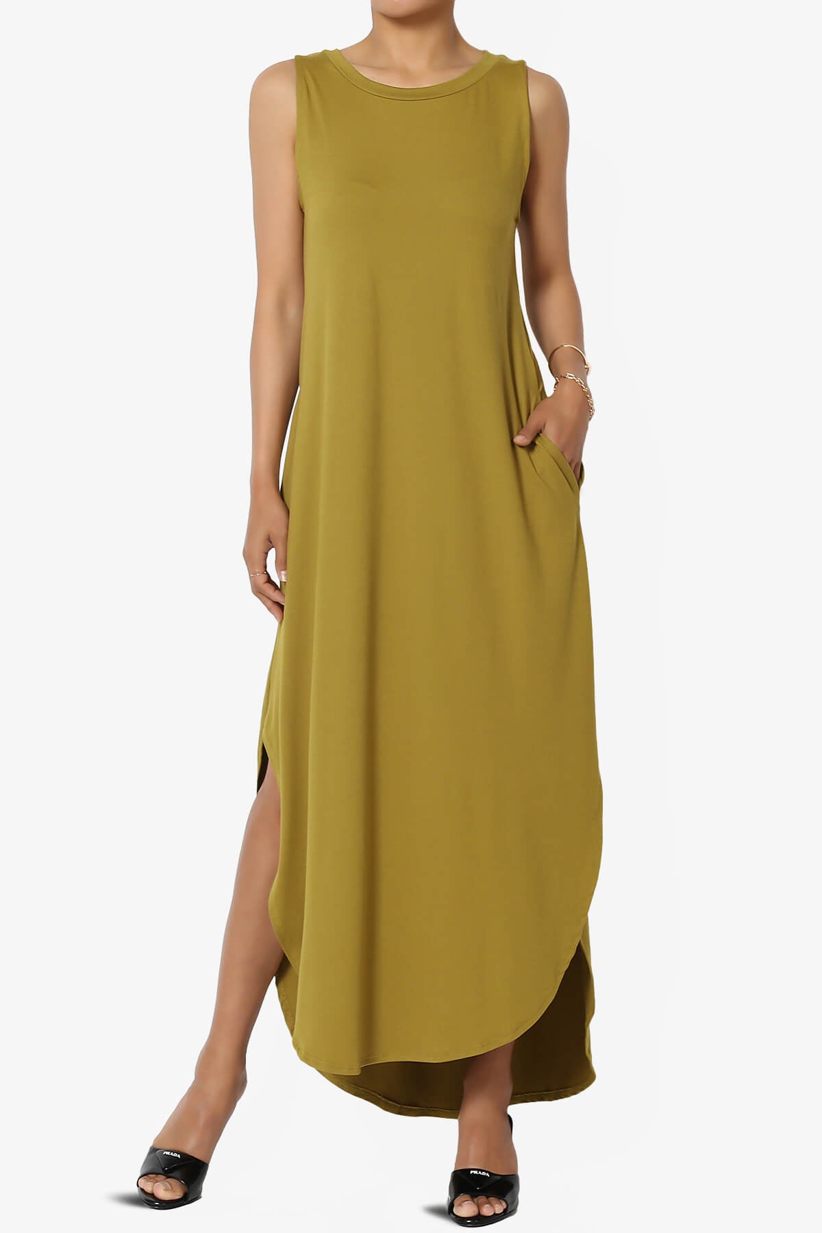 Rozlyn Sleeveless Slit Maxi Dress OLIVE MUSTARD_1