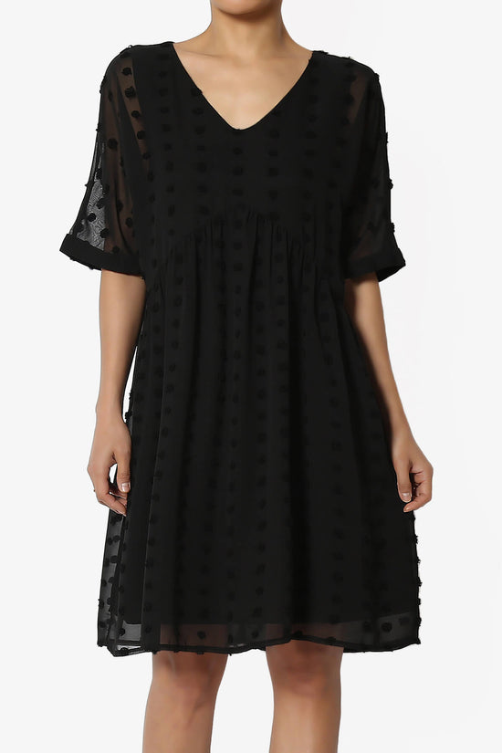 Sandra Swiss Dot Short Sleeve Babydoll Dress BLACK_1