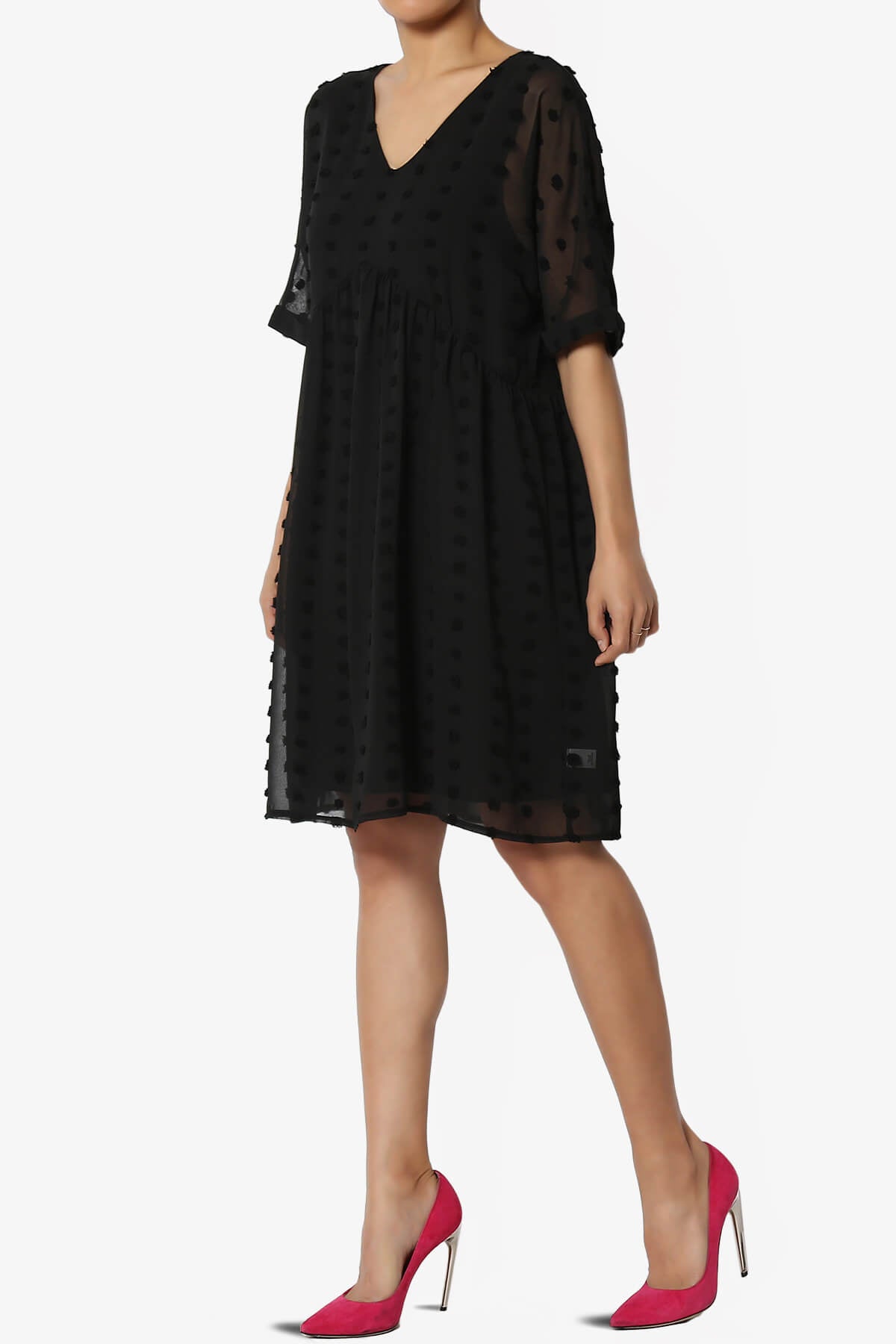 Sandra Swiss Dot Short Sleeve Babydoll Dress BLACK_3