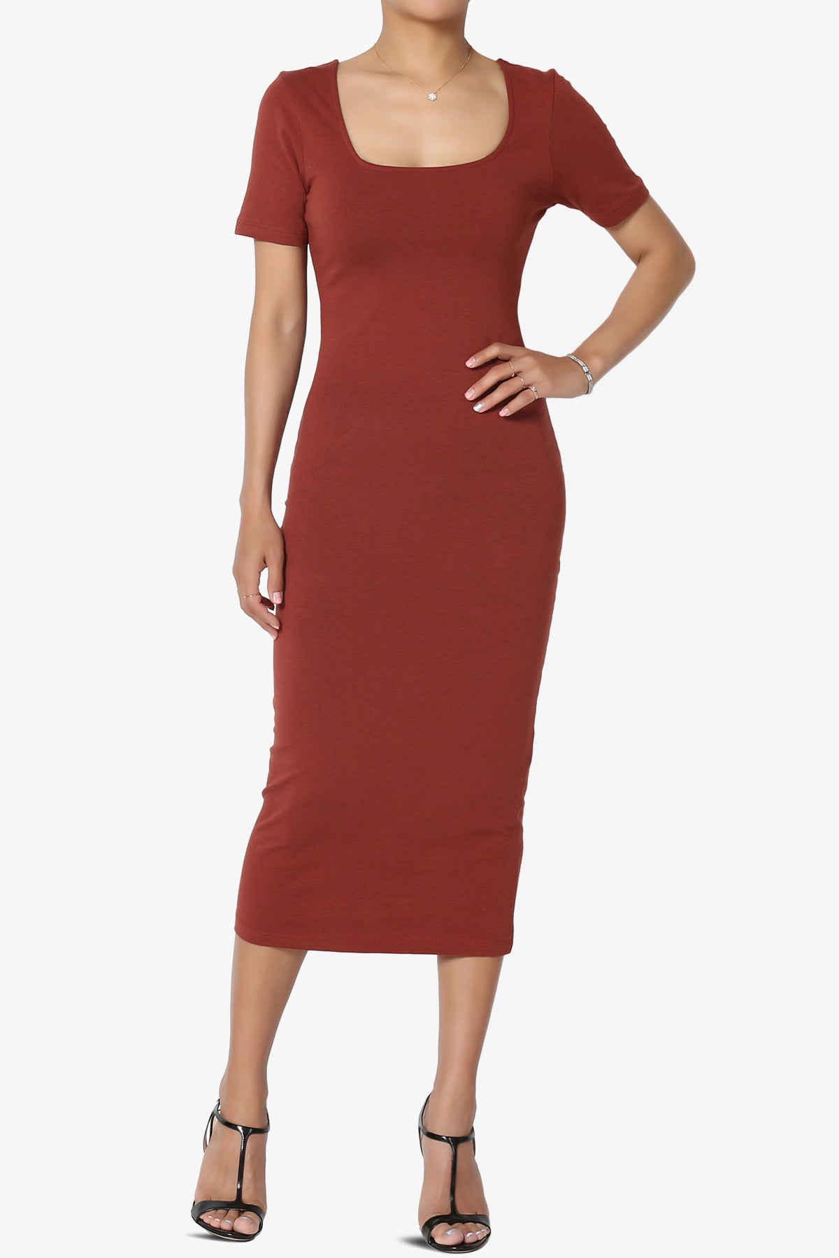 Fontella Short Sleeve Square Neck Bodycon Dress DARK RUST_1