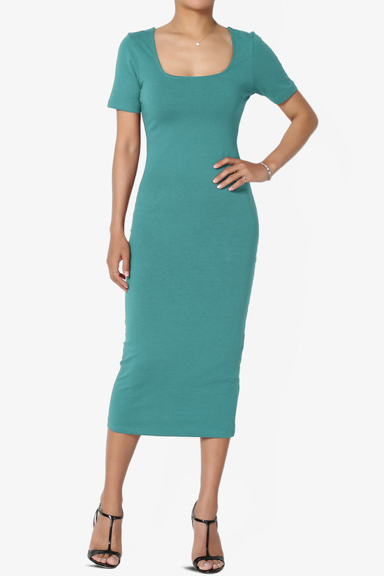 Fontella Short Sleeve Square Neck Bodycon Dress DUSTY TEAL_1