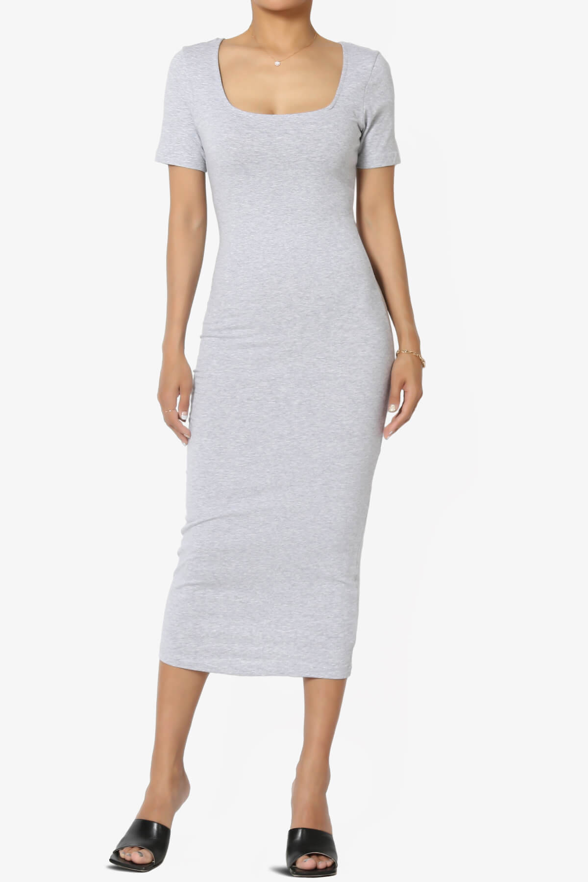 Fontella Short Sleeve Square Neck Bodycon Dress HEATHER GREY_1