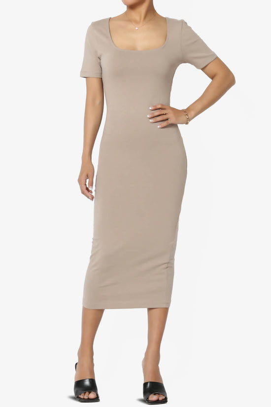 Fontella Short Sleeve Square Neck Bodycon Dress LIGHT MOCHA_1