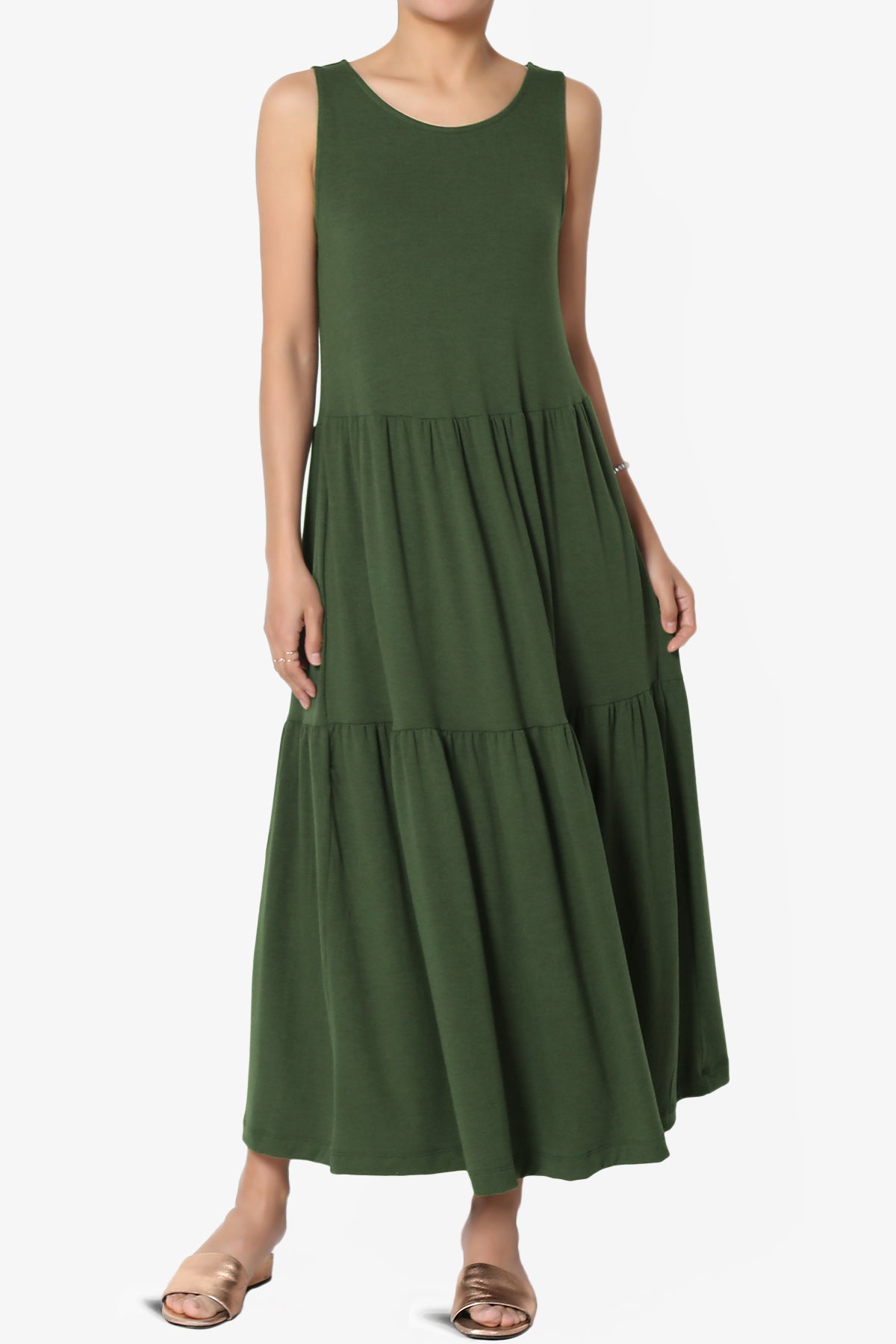 Macie Sleeveless Tiered Jersey Long Midi Dress ARMY GREEN_1