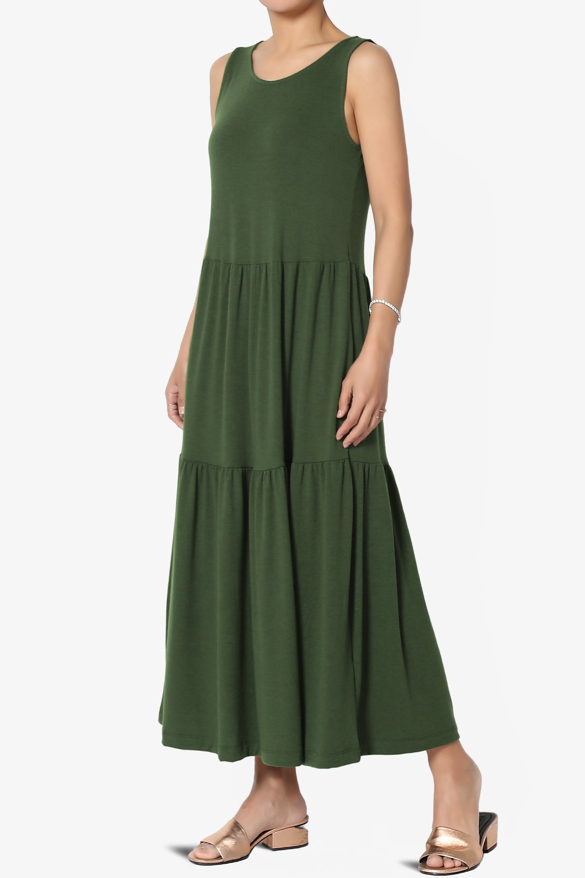 Macie Sleeveless Tiered Jersey Long Midi Dress ARMY GREEN_3