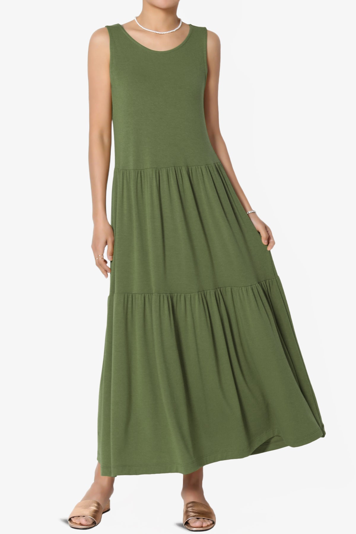 Macie Sleeveless Tiered Jersey Long Midi Dress ASH OLIVE_1
