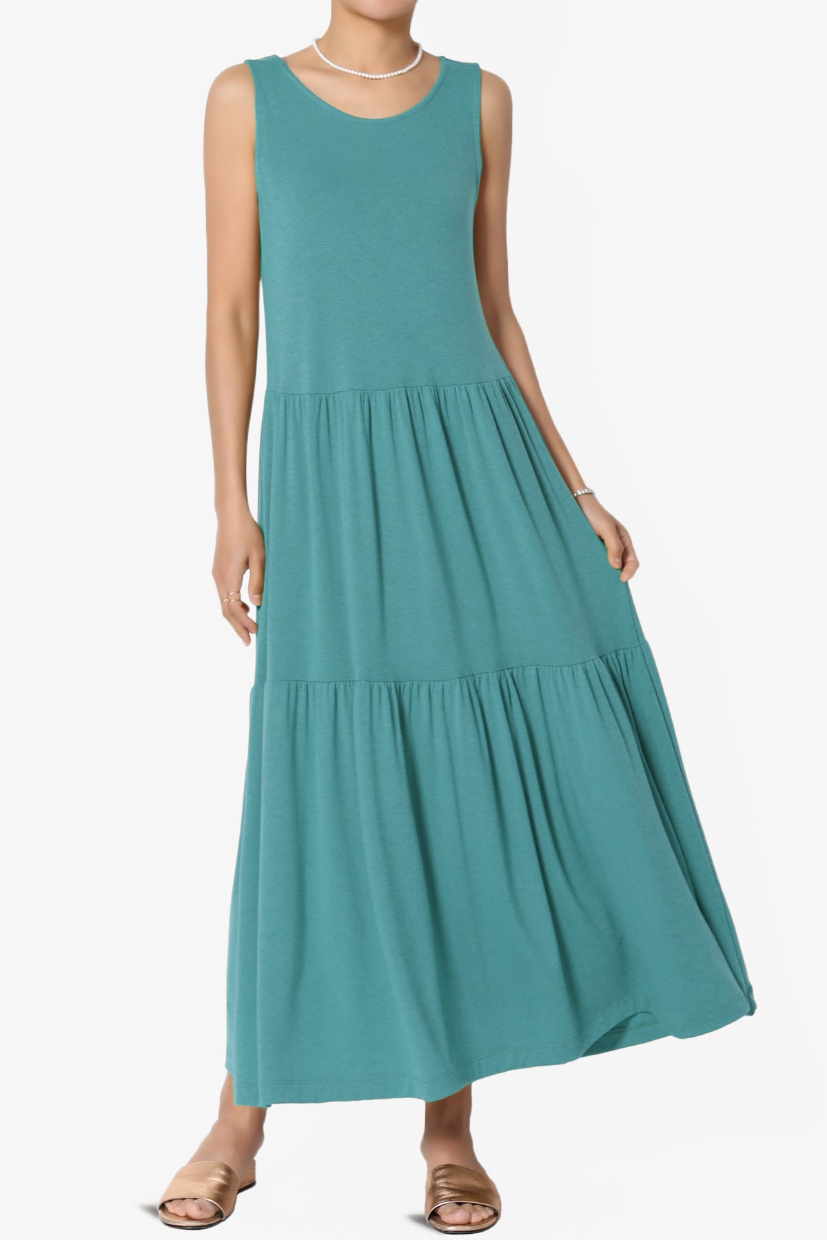 Macie Sleeveless Tiered Jersey Long Midi Dress DUSTY TEAL_1