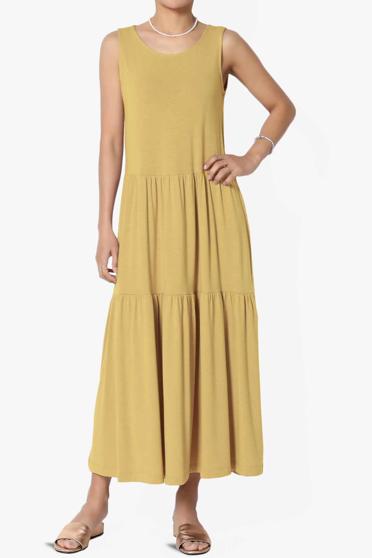 Macie Sleeveless Tiered Jersey Long Midi Dress LIGHT MUSTARD_1
