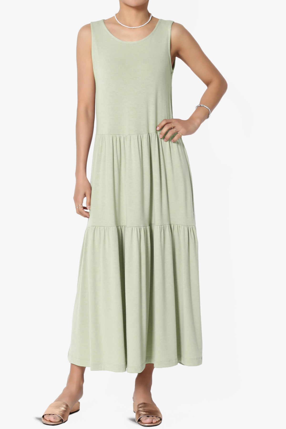 Macie Sleeveless Tiered Jersey Long Midi Dress LIGHT SAGE_1